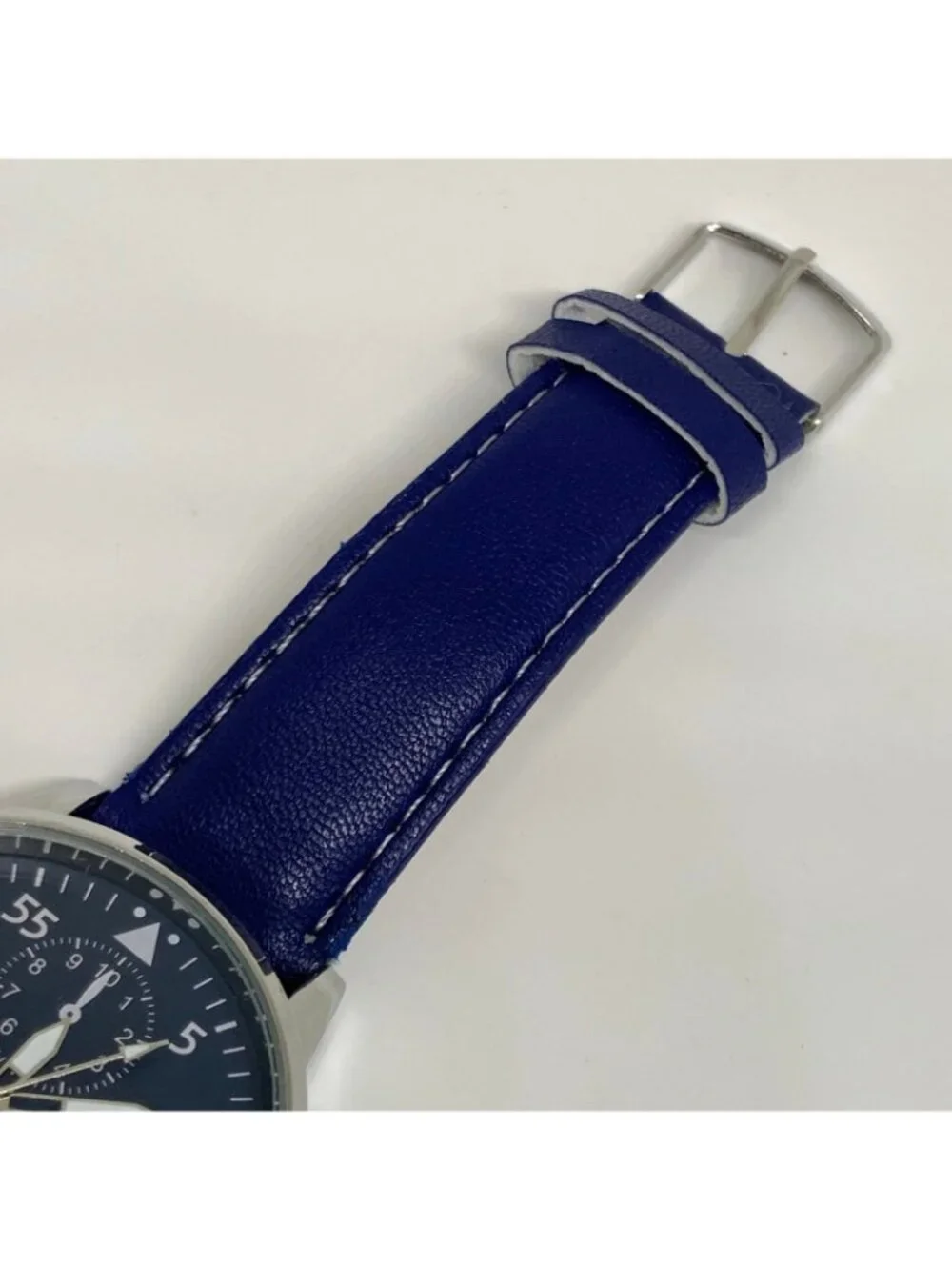 MiGEER men’s quartz analog watch 42mm silver tone blue dial leather running